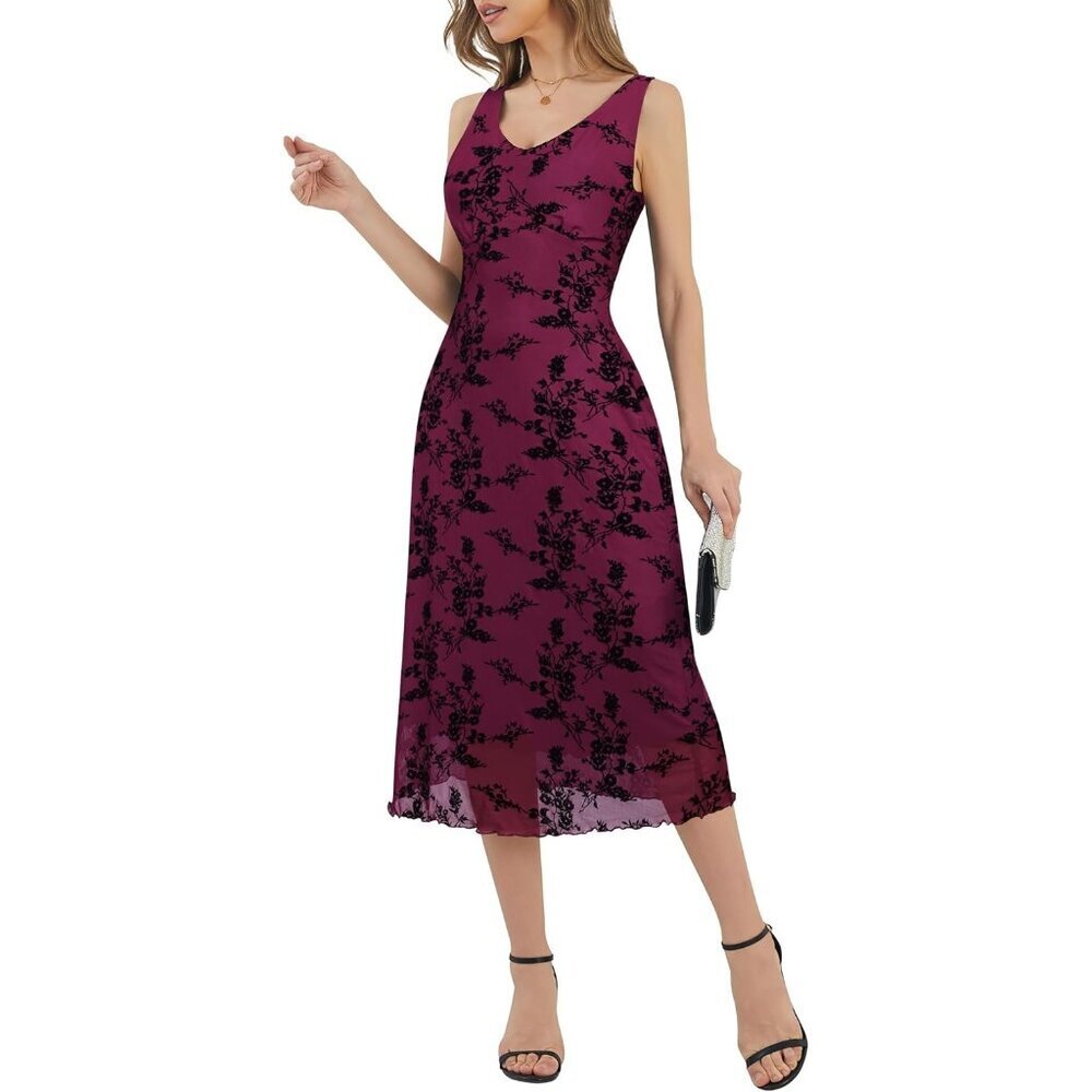 Women's Magenta V Neck Sleeveless Mesh Maxi Dress Casual Elegant Long Floral - Picture 5 of 5